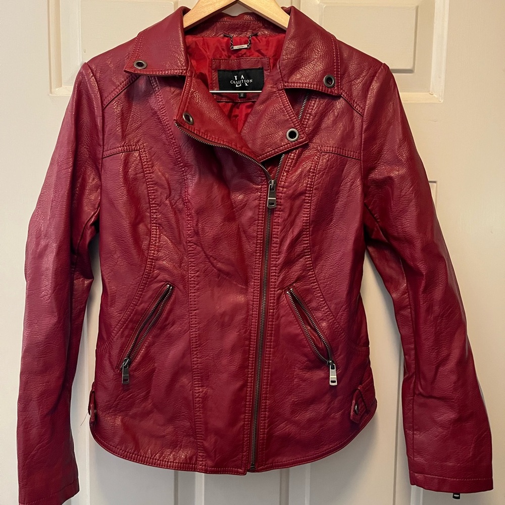 LA Coalition Red Leather Motorcycle Jacket, Medium